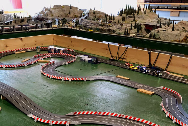 the slot car tracks and train layout at French Woods Camp